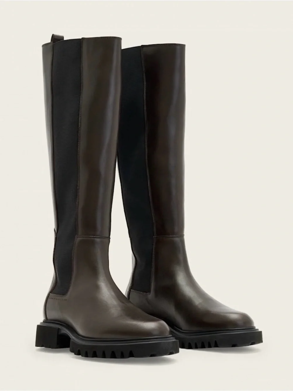 Never Worn AllSaints Brown Leather Knee Boots with Black Elastic Panel